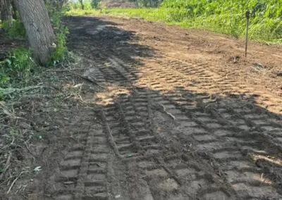 Newly cleared dirt driveway with heavy tractor track treads leading past leaning trees on the left toward a cornfield on the right under a blue sky, showing land clearing work for Vogel Construction & Tree Removal