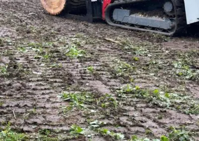 Tracked mini excavator and stump grinder tracks on freshly graded muddy soil with scattered green clippings, demonstrating Vogel Construction & Tree Removal LLC grading and cleanup work in Waterloo, IA