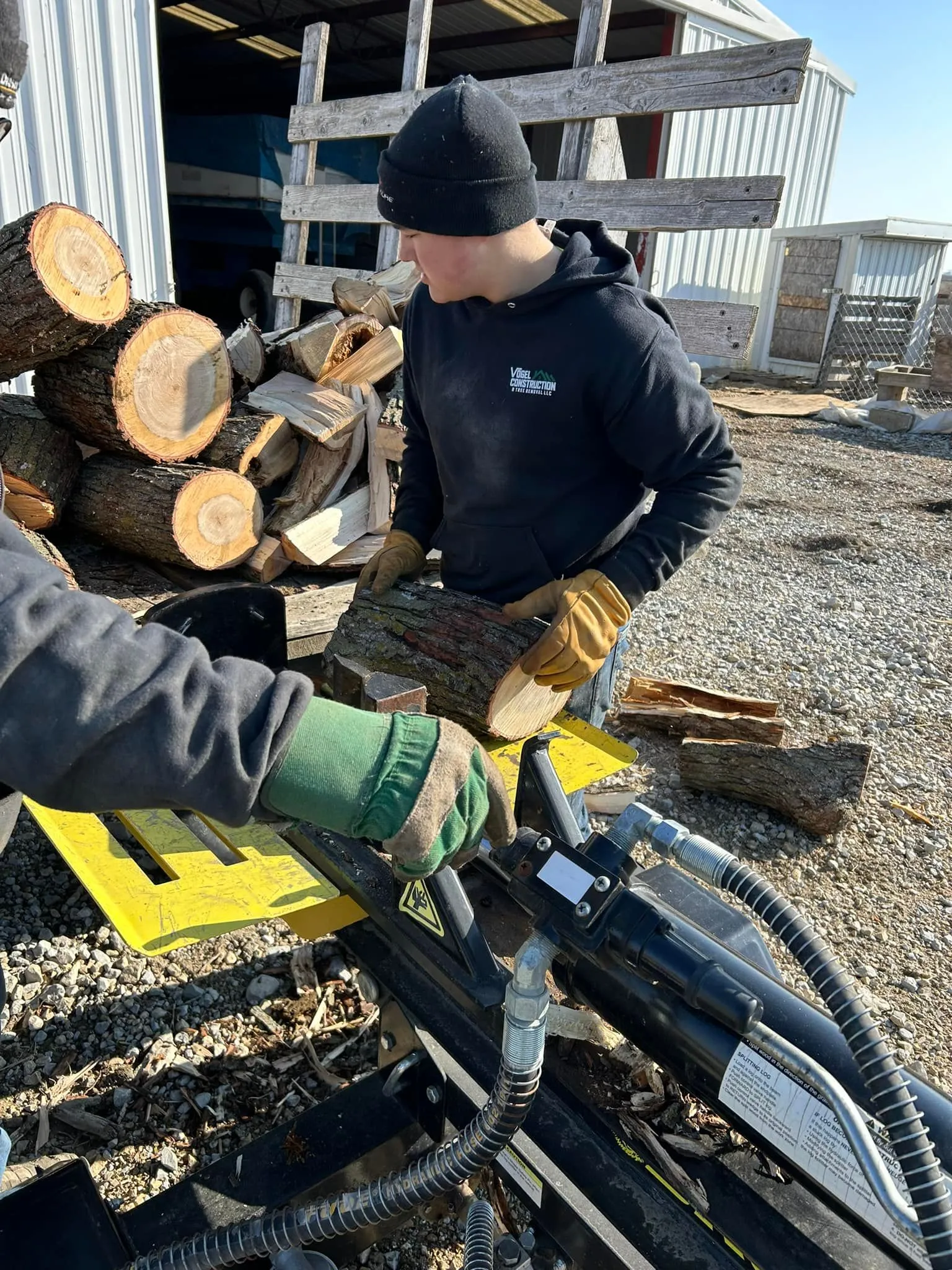 Vogel Construction & Tree Removal crew member wearing company hoodie and gloves feeding split logs into a hydraulic log splitter with stacked cut timber and shed in background, illustrating veteran-owned tree removal and firewood processing services